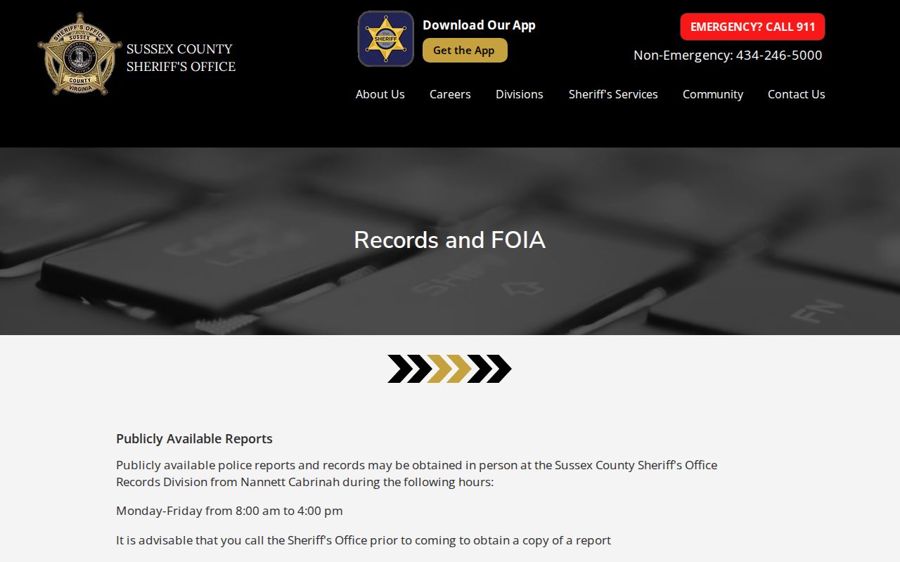 Sussex County Sheriff records channel for Wakefield criminal history requests