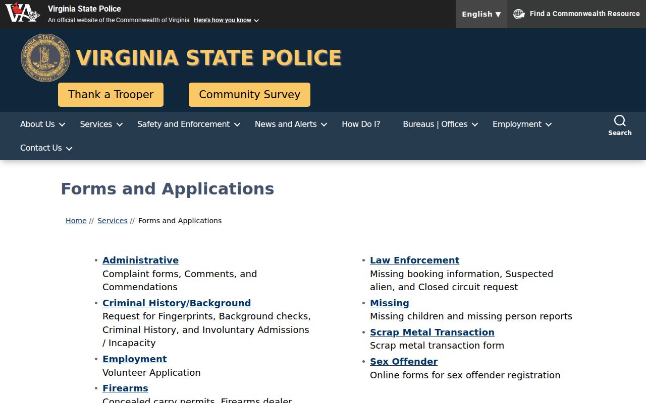 Current Virginia State Police forms directory