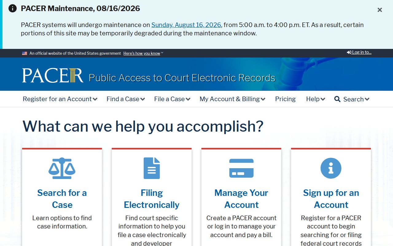 PACER federal court docket access homepage