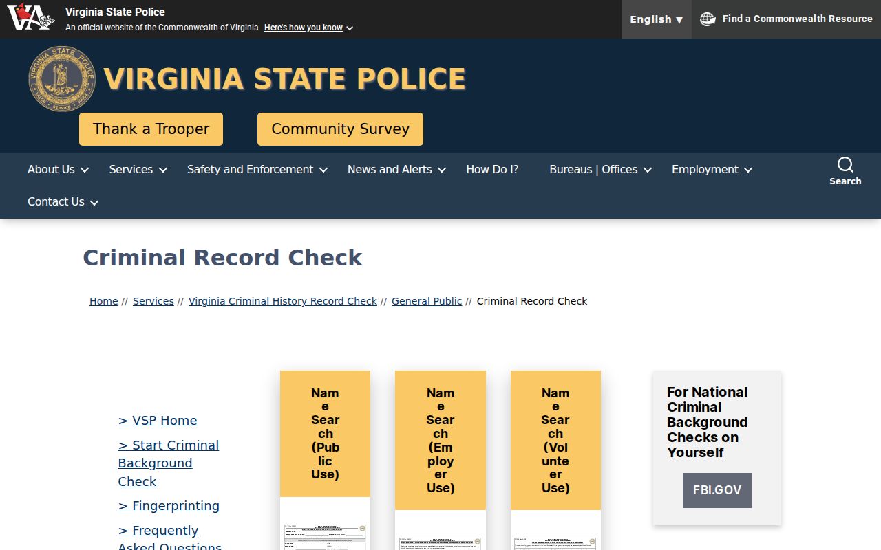 Virginia State Police criminal record check selector